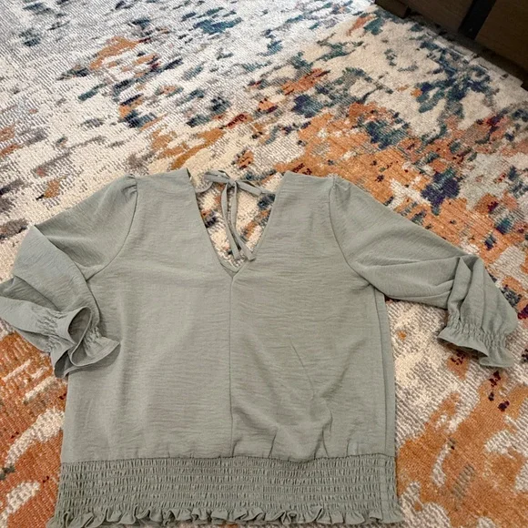 V Neck Tie Back Blouse Maurices soft green long sleeve dressy top elastic waist - Picture 6 of 8